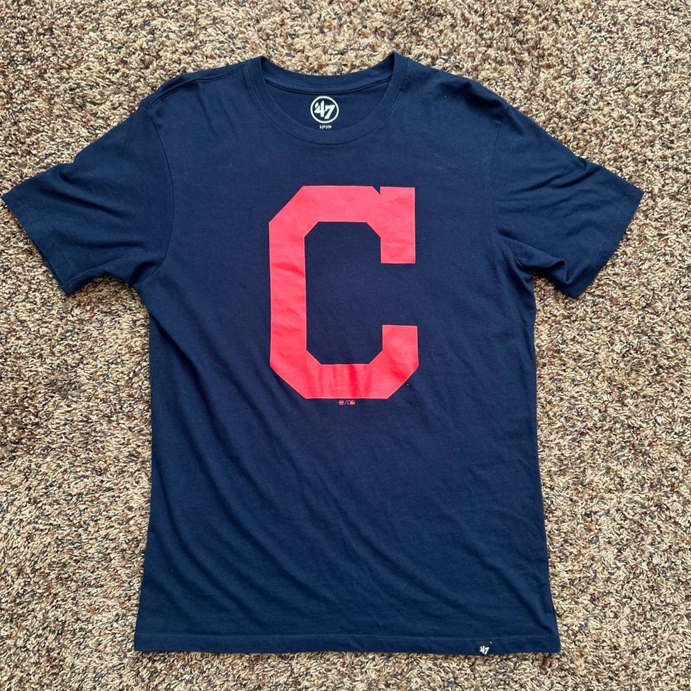 47 Men's Blue T-Shirt with Red Cleveland Guardians logo